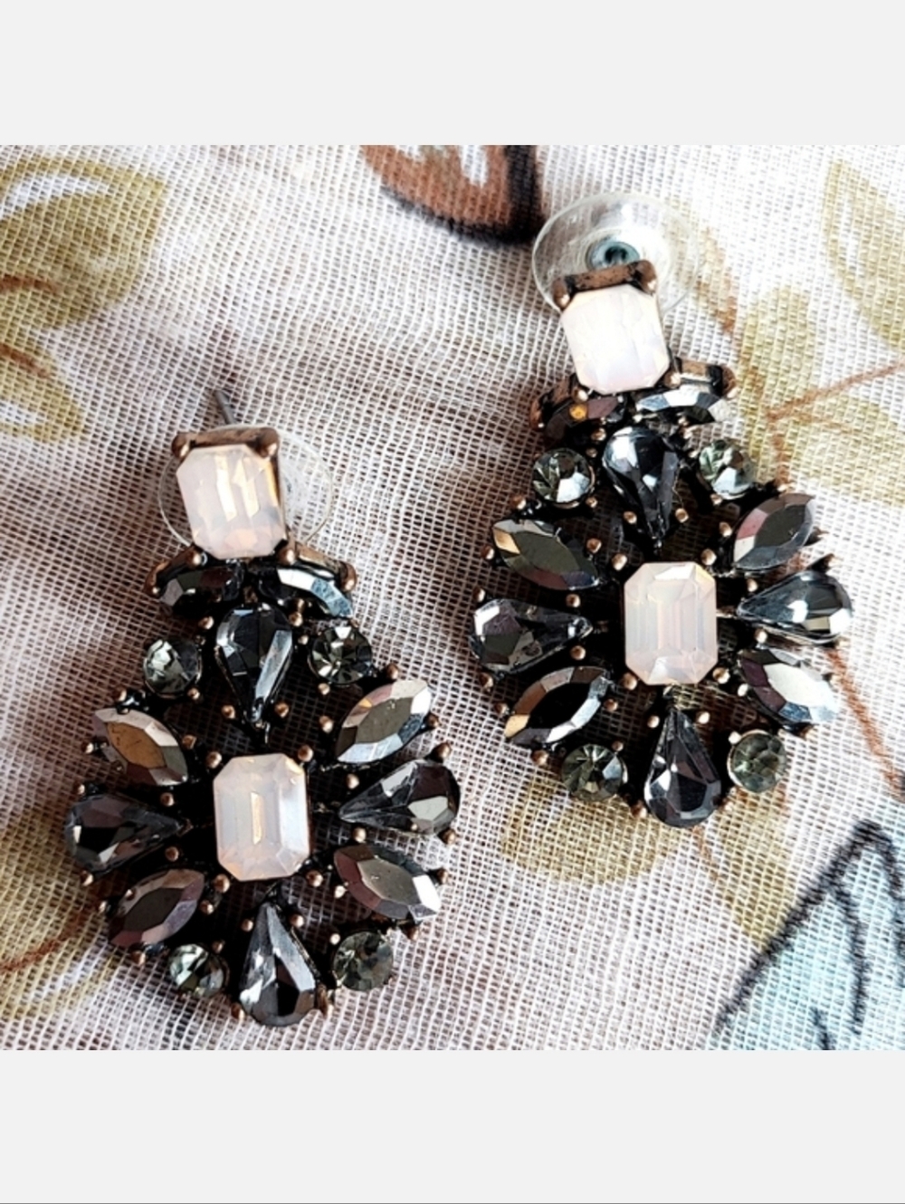 Hematite Smoke Opaline Rhinestone Pierced Earrings Antique Brass Setting NWOT